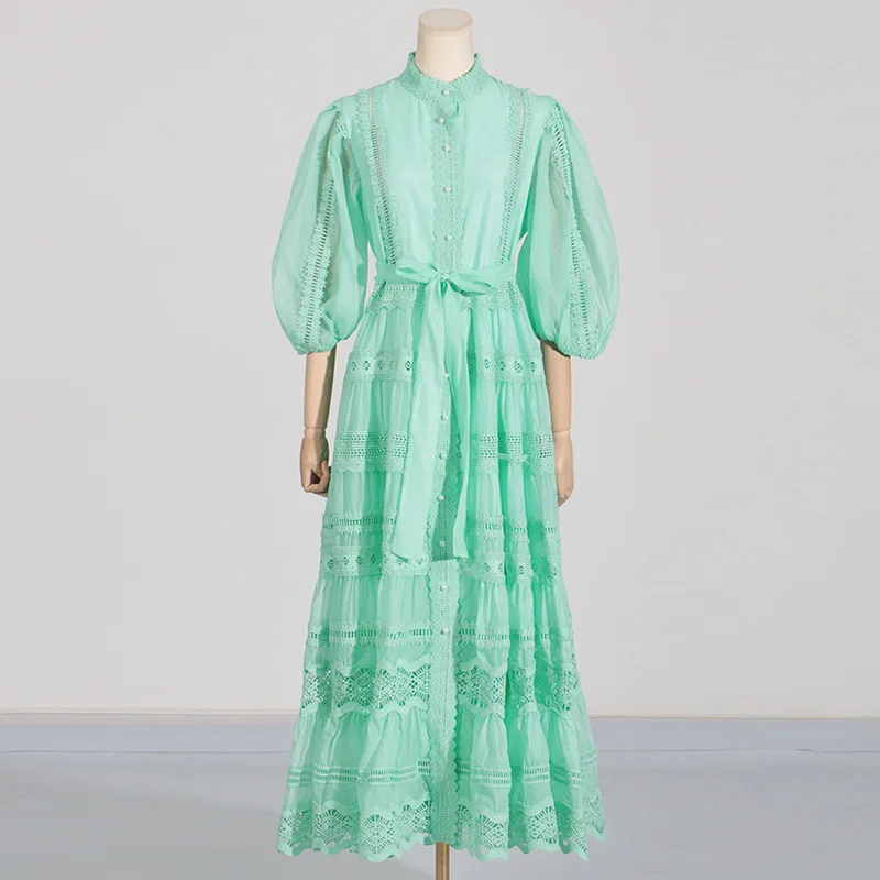 ZAMOR French Vintage Style Summer 2026 New Round Neck Puff Sleeve Belted Waist Lace Patchwork Maxi Dress Women