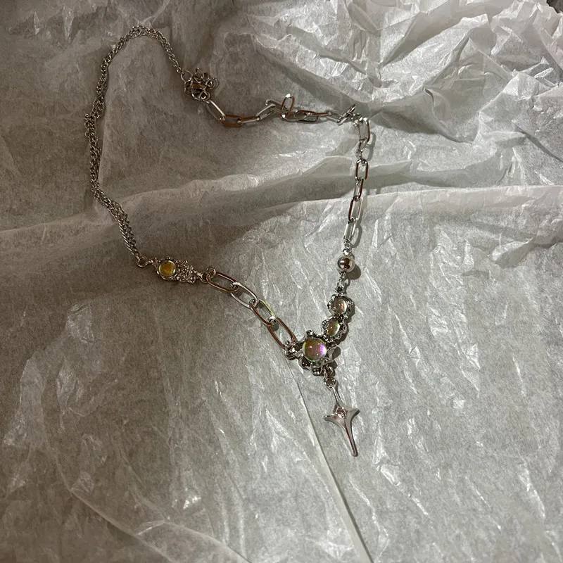 Crystal Opal Pendant Liquid Metal Necklace for Women Clavicle Chain Geometric Irregular Vintage Choker Y2K Jewelry Accessories
