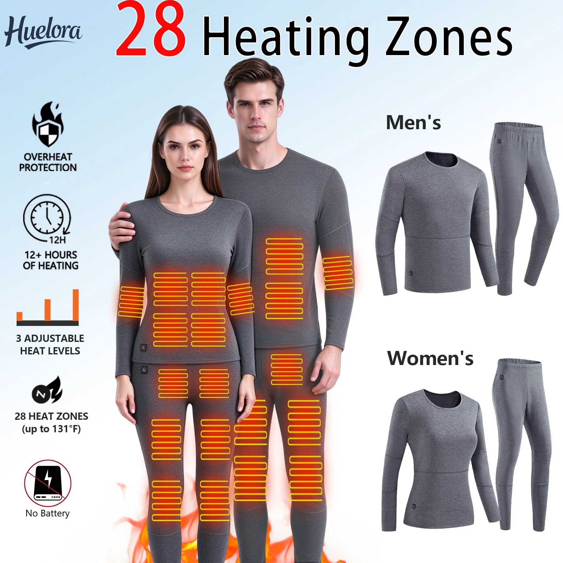 Huelora Gray Heated Thermal Underwear Set for Men Women 28 Heating Zones Electric Heated Long Johns 3 Adjustable Temp Winter