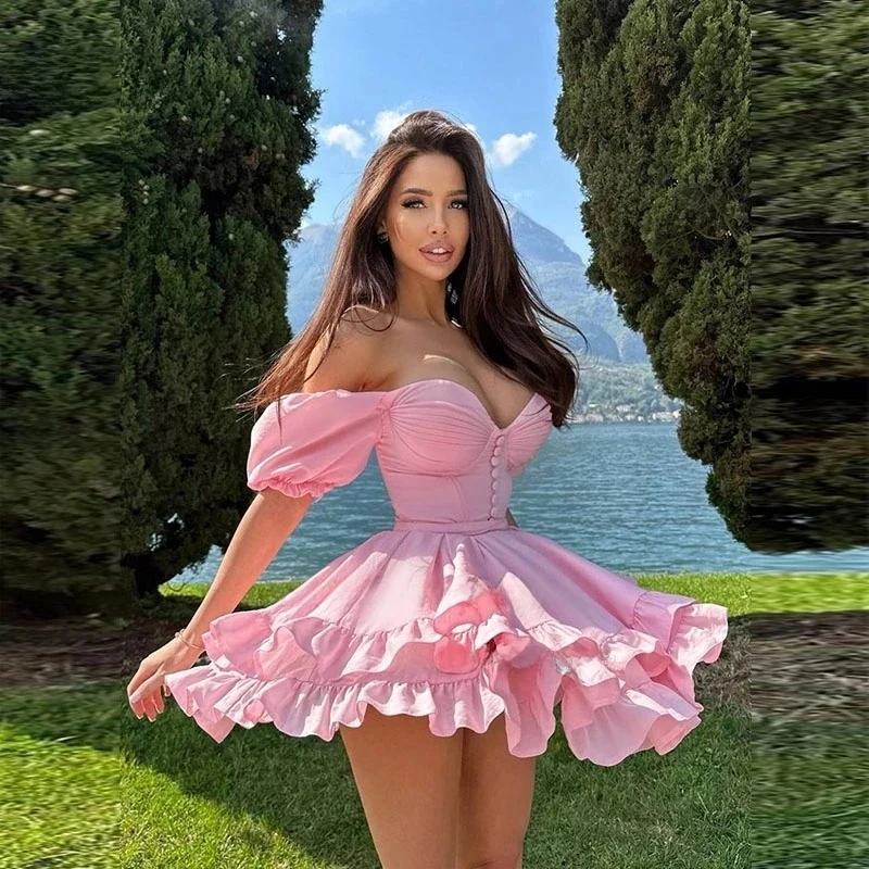 

2026 Sexy Mini Tiered Evening Dress for Women Beach Seaside Party Gowns With Short Sleeves Belt Corset Back Vestidos De Fiesta