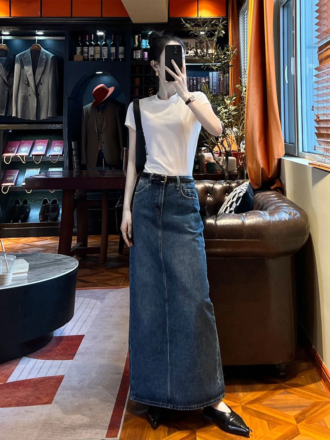 

Deep Blue Cotton Denim Skirt Retro High Waist Straight Cut Long Length Split Ba for Pear aped Women Casual Summer Skirts