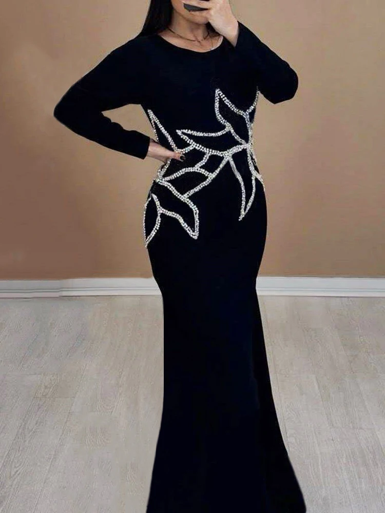 

Sexy Long Sleeve Diamonds Bandage Dress Women Black O Neck Beaded Bodycon Long Dresses Evening Party Cocktail Club Gowns
