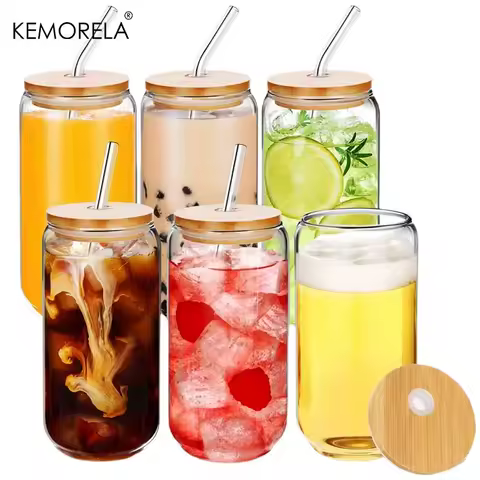 Set of 2/4/6 Glass Can Shaped Cups 500ml with Spill-Proof Lids And Straws plus Straw Cleaning Brushes - Birthday Gift Idea