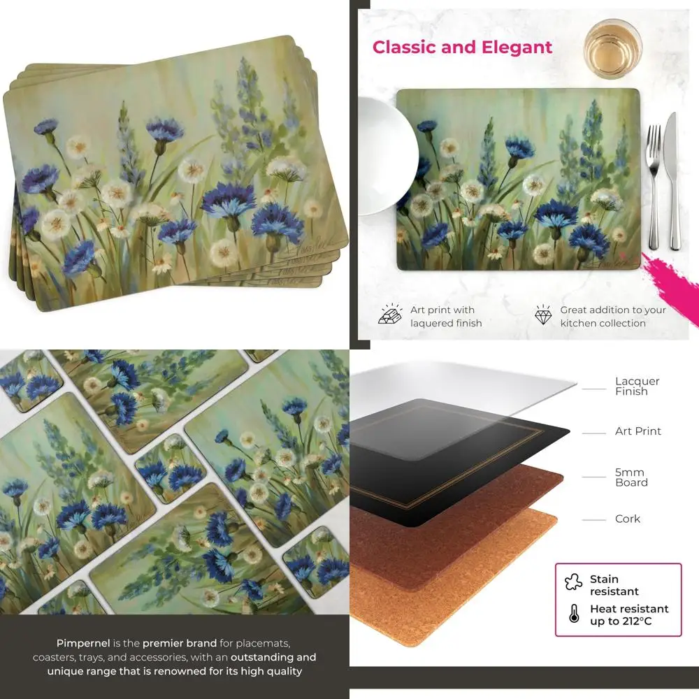 

Fleur Des Champs Placemats - Set of 4 Rectangular Cork Backed Table Mats with Wildflower Meadow Design - Heat & Stain Resistant