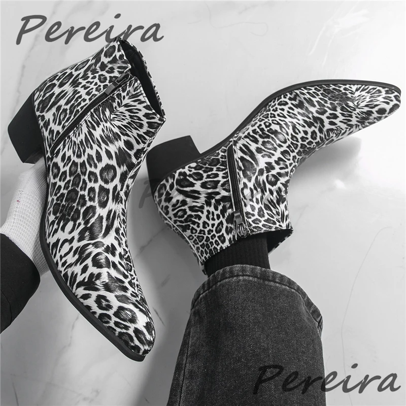 Men's Leopard Print Chelsea Boots British Style Pointed Toe Side Zipper Short Boots Trendy Versatile PU Leather High Top Shoes
