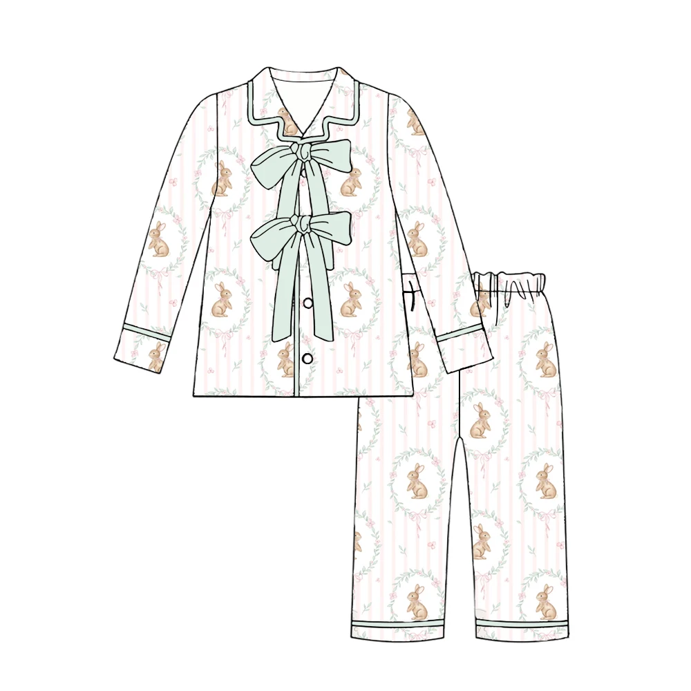 Easter Girls Series Short Sleeve Long Pants Girls Set Baby Lapel Long Sleeve Pajama Set Bunny Bow Print Boutique Children Set