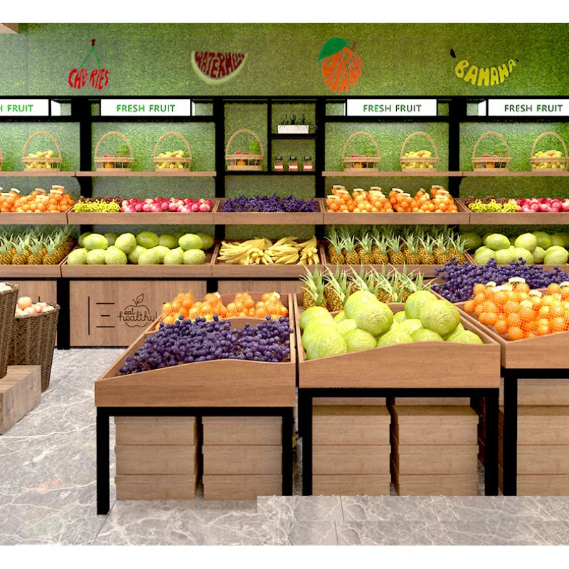 custom.Fruit Shop Display Rack Wooden Fruit Shelf Steel Wood Double-layer Single-sided Supermarket Display Cabinet Manufac