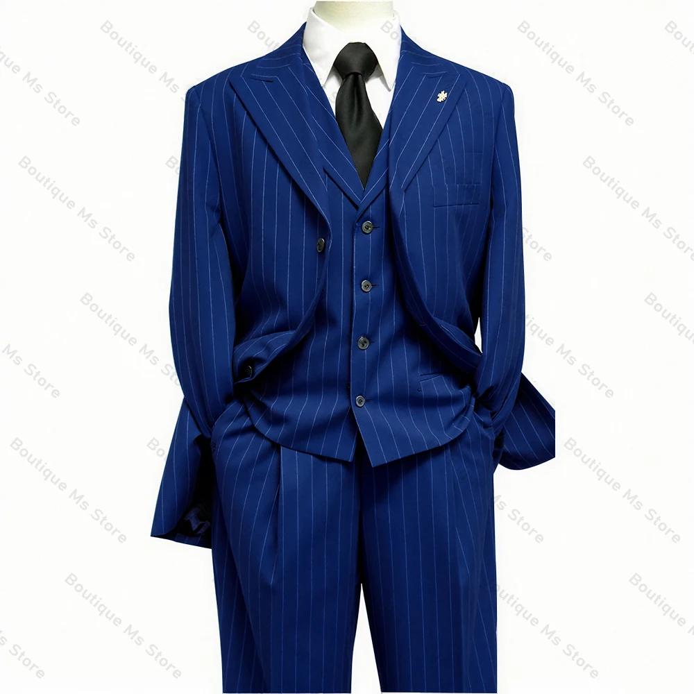 Handsome Black Striped Men\'s Suit Three-pieces ( Blazer+Pants+Vest) Chic Slim Casual Party Prom Wedding Set
