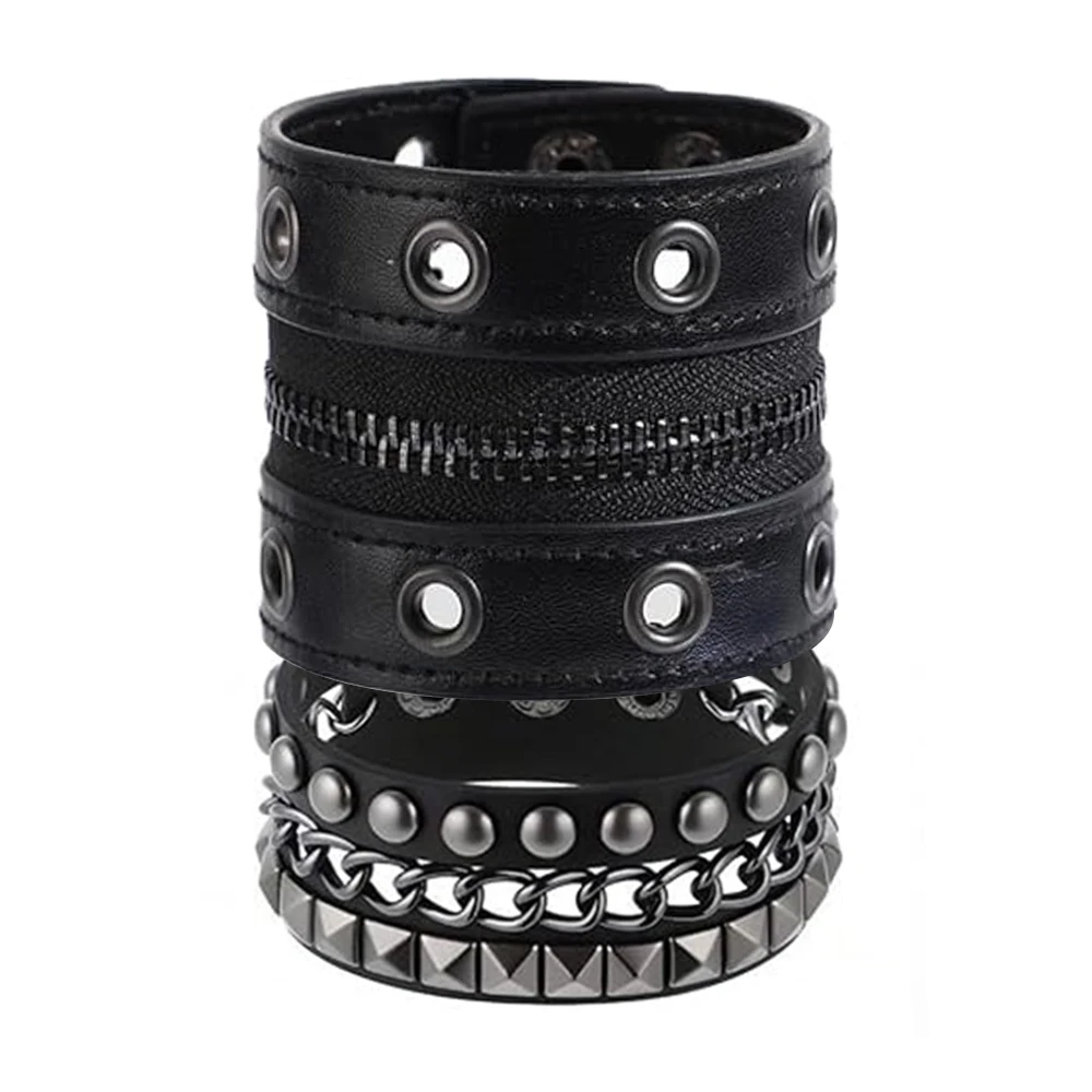 Punk Pu Leather Bracelet, Featuring Zippers, Rivets, And Buttons, Black Wristband For Women, Fashionable Accessory