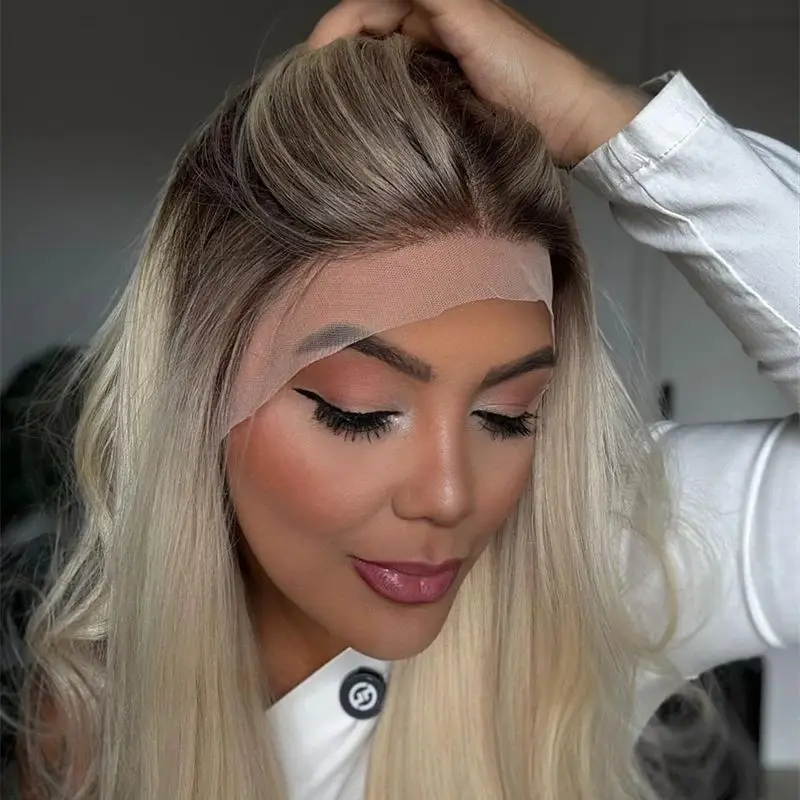 13x4 Light Golden Blonde Synthetic Lace Front Wig with Roots 28 Inch Long Wave Wig Natural Preplucked Hairline with Baby Hair