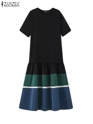 ZANZEA 2024 Summer O-neck Sundress Elegant Short Sleeve Dresses Casual Contrast Color Vestidos Vintage Fashion Simple Robes
