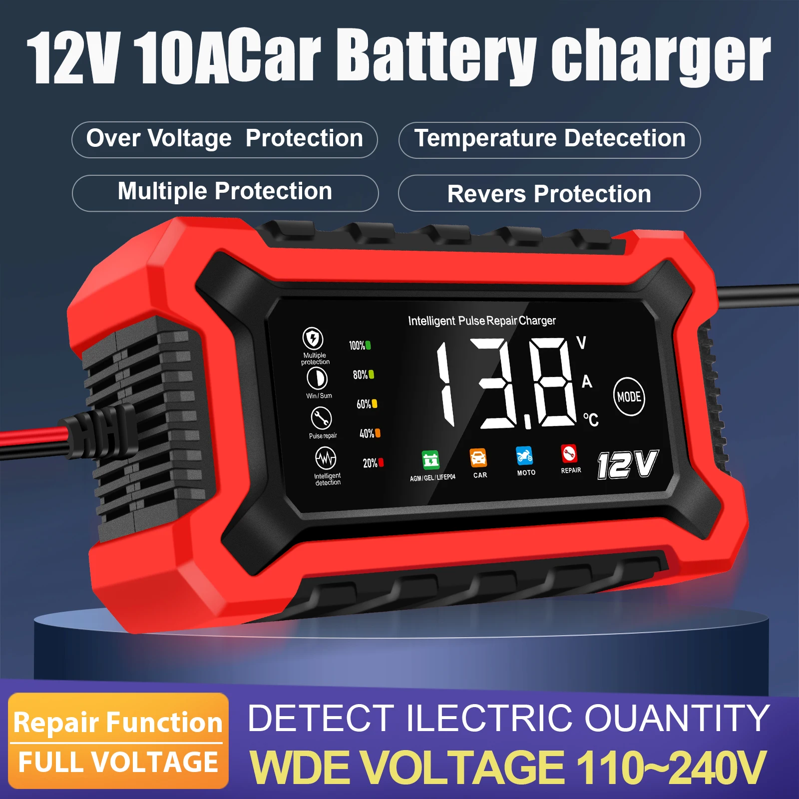

Автомобильное зарядное устройство на 10 А, интеллектуальное полностью автоматическое зарядное устройство 12 В и 24 В, поддерживающее зарядное устройство с температурной компенсацией