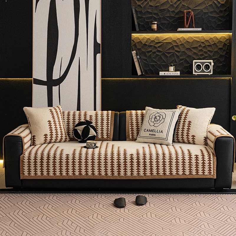 1pc Curving Lines Jacquard Sofa Cover Straight Sofa Throw Blanket Machine Washable Couch Protector Covers