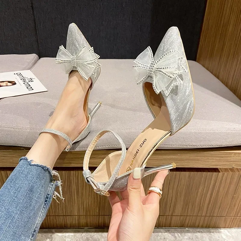 Elegant Silver Heels Women's 2024 Plus Size 42 Ankle Strap Party Shoes Women's Pointed Collar Wedding Shoes