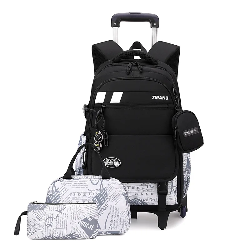 

3pces/set Kids Luggage Junior High Newspaper printing School Bag Rolling Backpack for Boys Wheeled Bag with Lunch Box Trolley