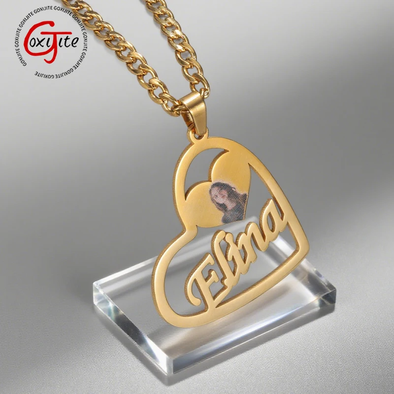

Goxijite Love Pendant Custom Name Printing Color Photo Necklace Stainless Steel Personalized Lovers Commemorative Photo Gifts