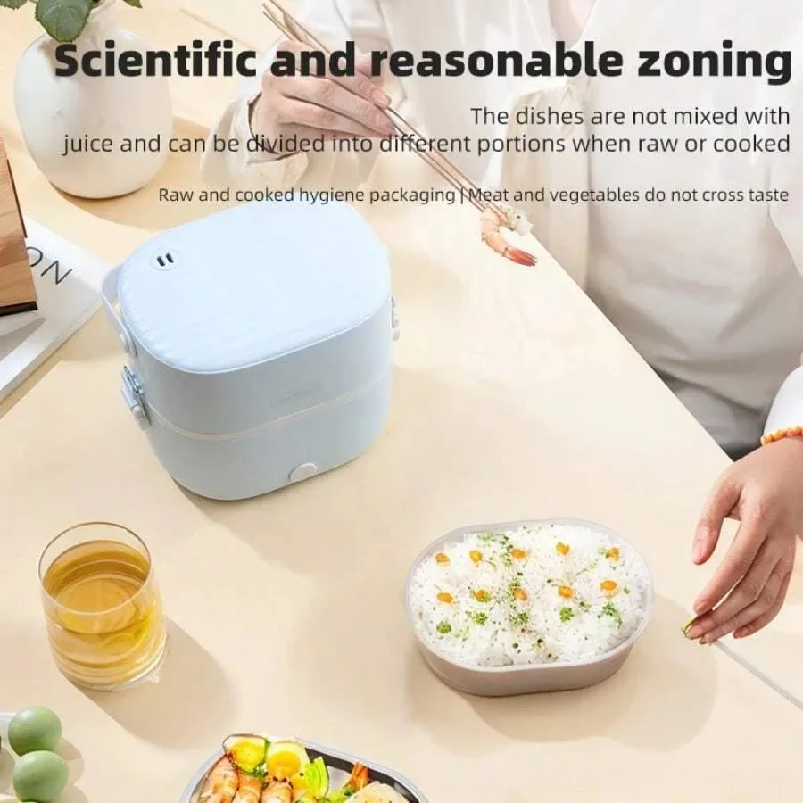 Portable Lunch Box 2 Layers Leak-proof Sealing Liner Food Heater Warmer Automatic Power Off 1L Rice Cooker for Office Dormitory