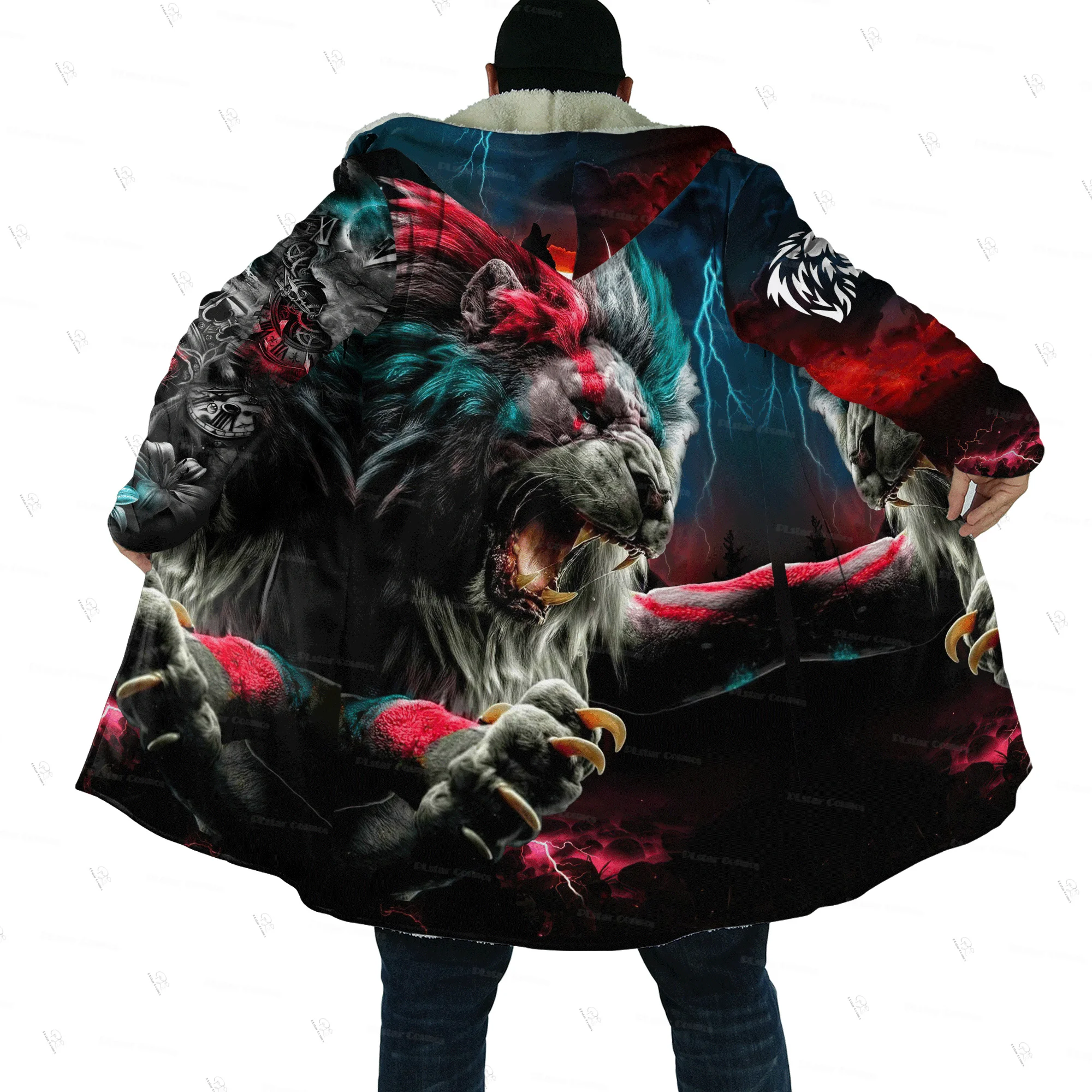 Custom Name Animal King Lion Jesus Cosplay Tattoo Vintage Retro 3DPrint Windbreaker Winter Overcoat Hoody Cloak Fleece Hoodies W
