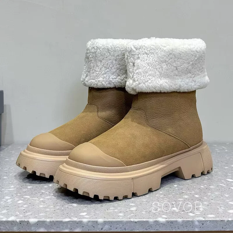 Winter Genuine Leather Snow Boots Women's Thick Soled Lace Up Ankle Botas Platform Anti Slip Warm Real Fur Short Boots 2025