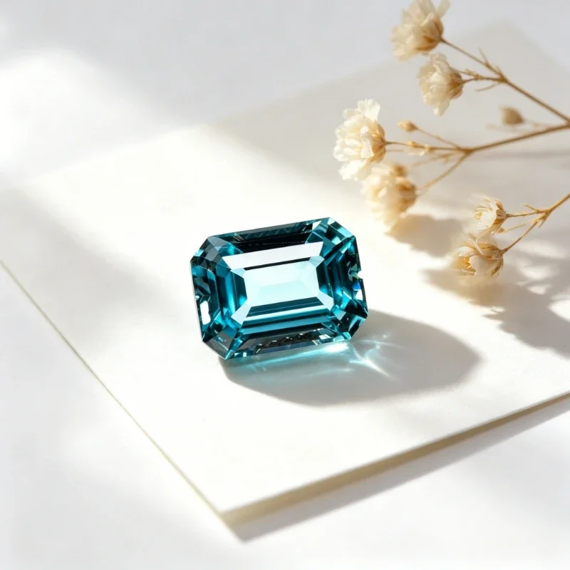 Laborgezüchteter Saphir in Smaragdform mit Aquamarin-Farbe und Zertifikat – Detail 3