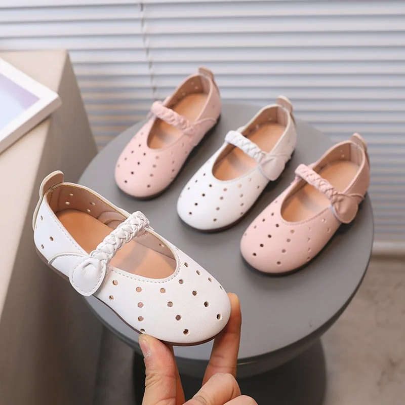 

2023 Round-toe Weave Hollow Breatheable Pink Soft Fashion Kids Moccasin Shoes Japanese Children Casual Shoe Mary Jane Versatile