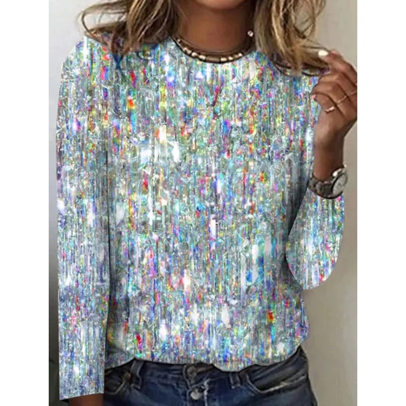 2024 European and American women\'s top autumn and winter new item, fine flash print, plus size round neck long sleeved shirt