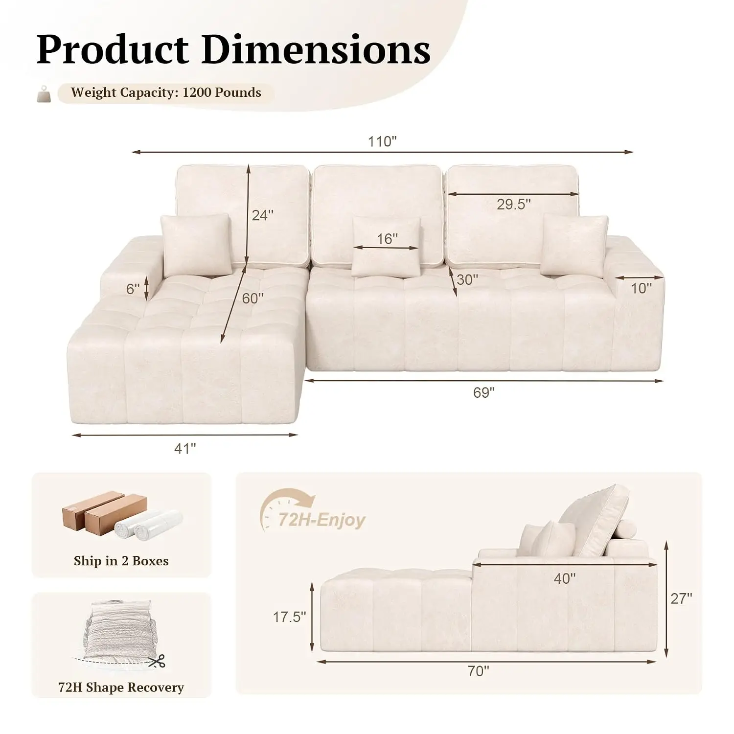111'' Faux Leather Modular Sectional Couch, Beige Left Facing, Customized