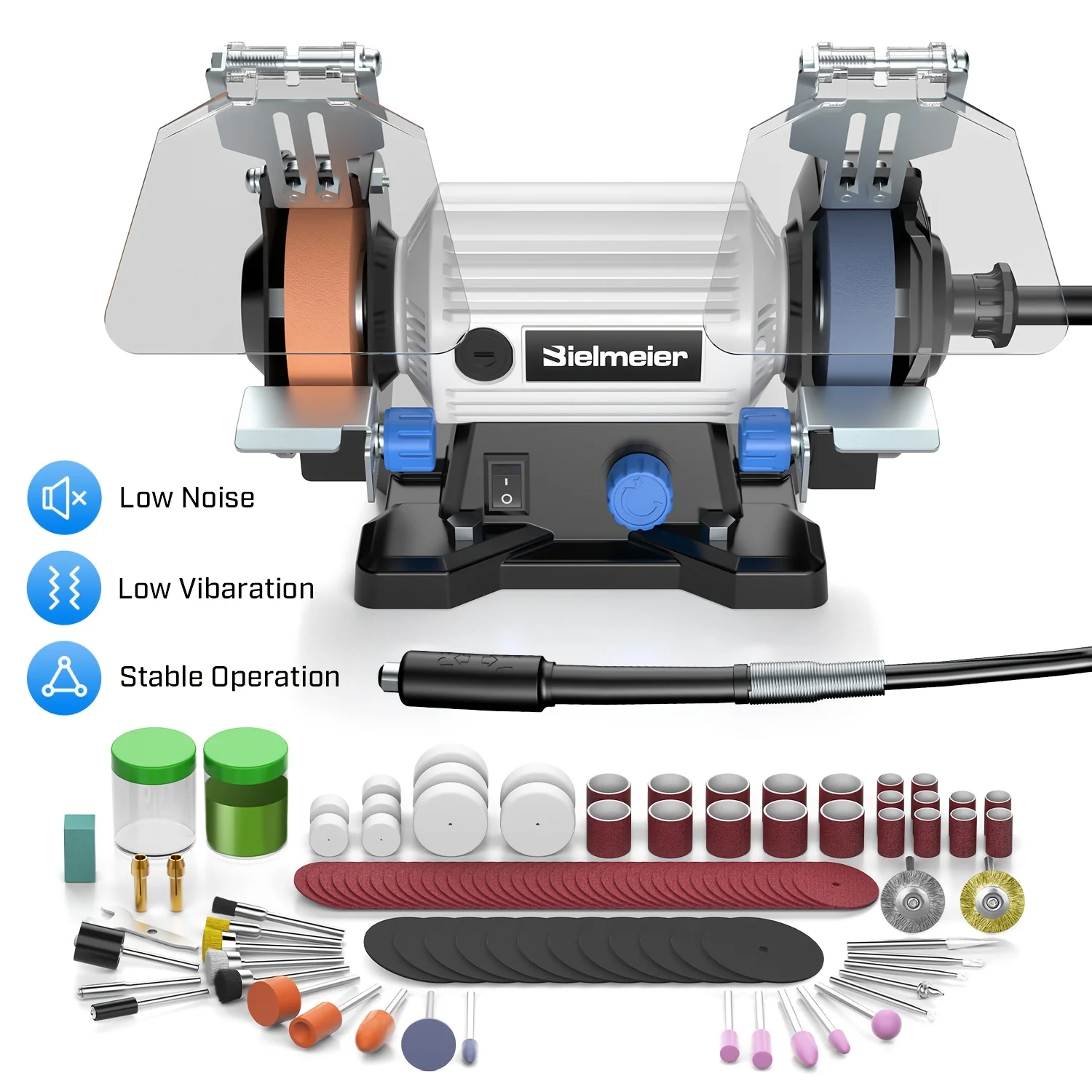

Bielmeier Bench Grinder 3", Rotary Tool with 110pcs Accessories, Bench Buffer Polisher with Long Flexible Shaft (105cm), Ideal for Wood, Jewelry, Metal, Plastic, Stone, Compact Design, Weight Only 3.97LB, Low Noise, Low Vibration, Easy to Use