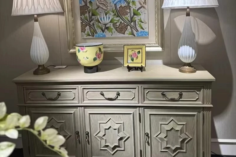 Modern Vintage Restaurant Wall Mounted Solid Wood Carved Sideboard Media Console Home Furniture Console