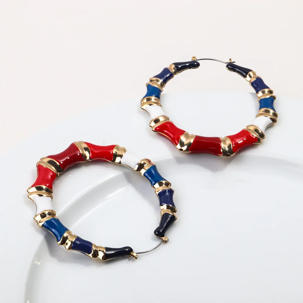 New Large Colorful Enamel Bamboo Hoop Earrings for Women Exaggerated Geometric Big Round Circle Earring Hoops Hip Hop Jewelry