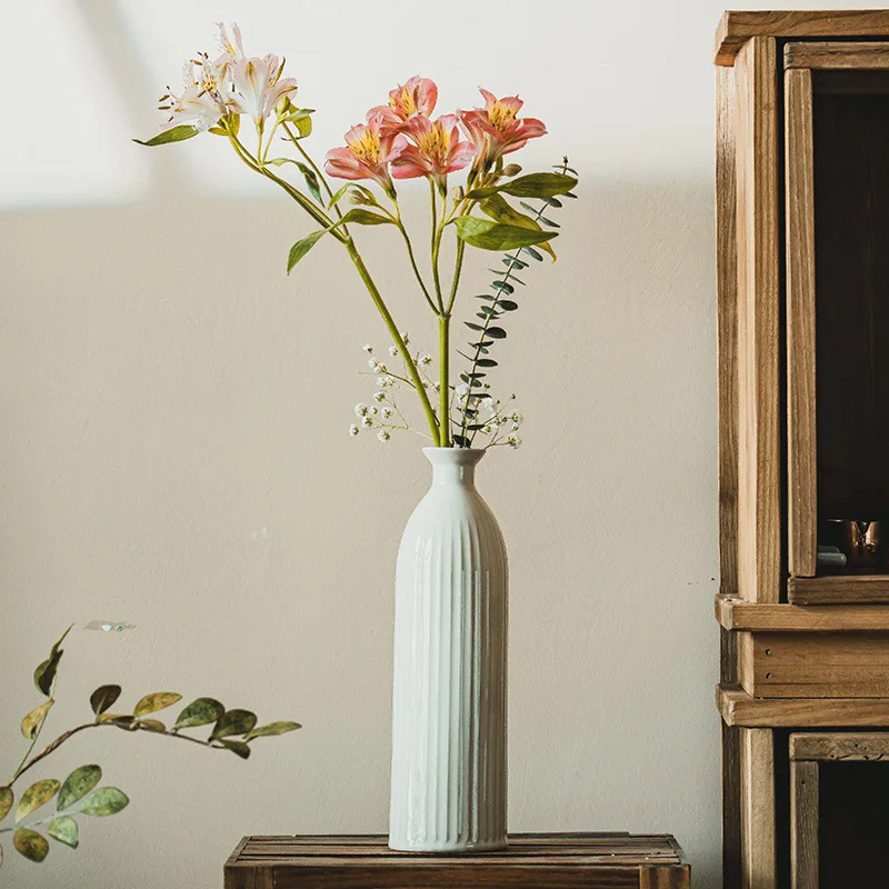 

YFY Nordic high-end ceramic vase relief vertical pattern flower insert household entrance living room ornament solid color vase