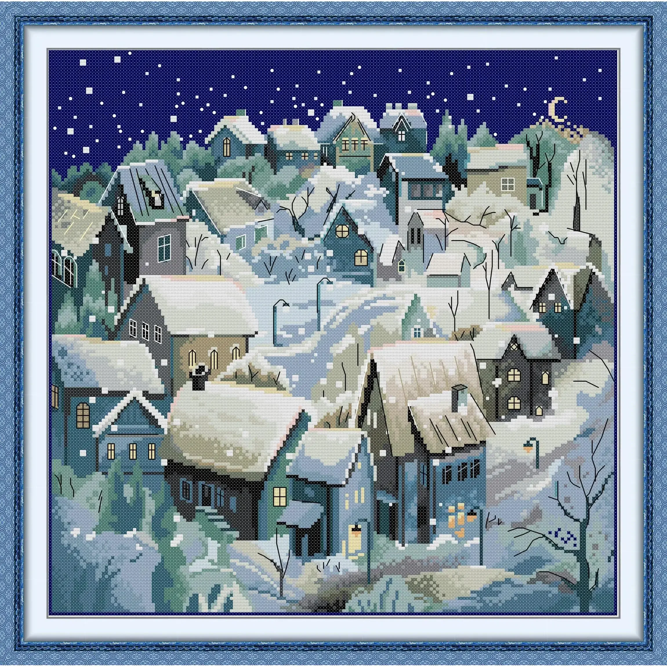 Joy Sunday Pre-printed Cross Stitch Kit  Easy Pattern Aida  Stamped Fabric Embroidery Set-Night in The Snow Country