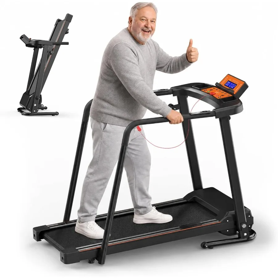 Treadmill for Seniors with Handlebar, Walking Treadmill with APP Control Foldable Steel Frame, Black Low-Noise, 3.5HP Motor, Sa