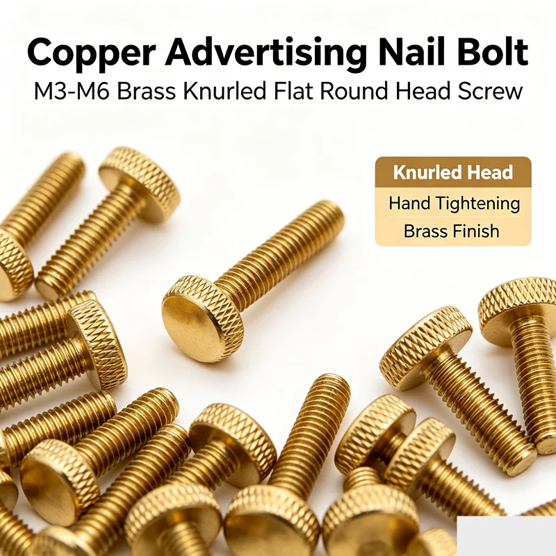 M3-M6 Brass Knurled Hand Screw Flat Round Head Copper Advertising Nail Bolt