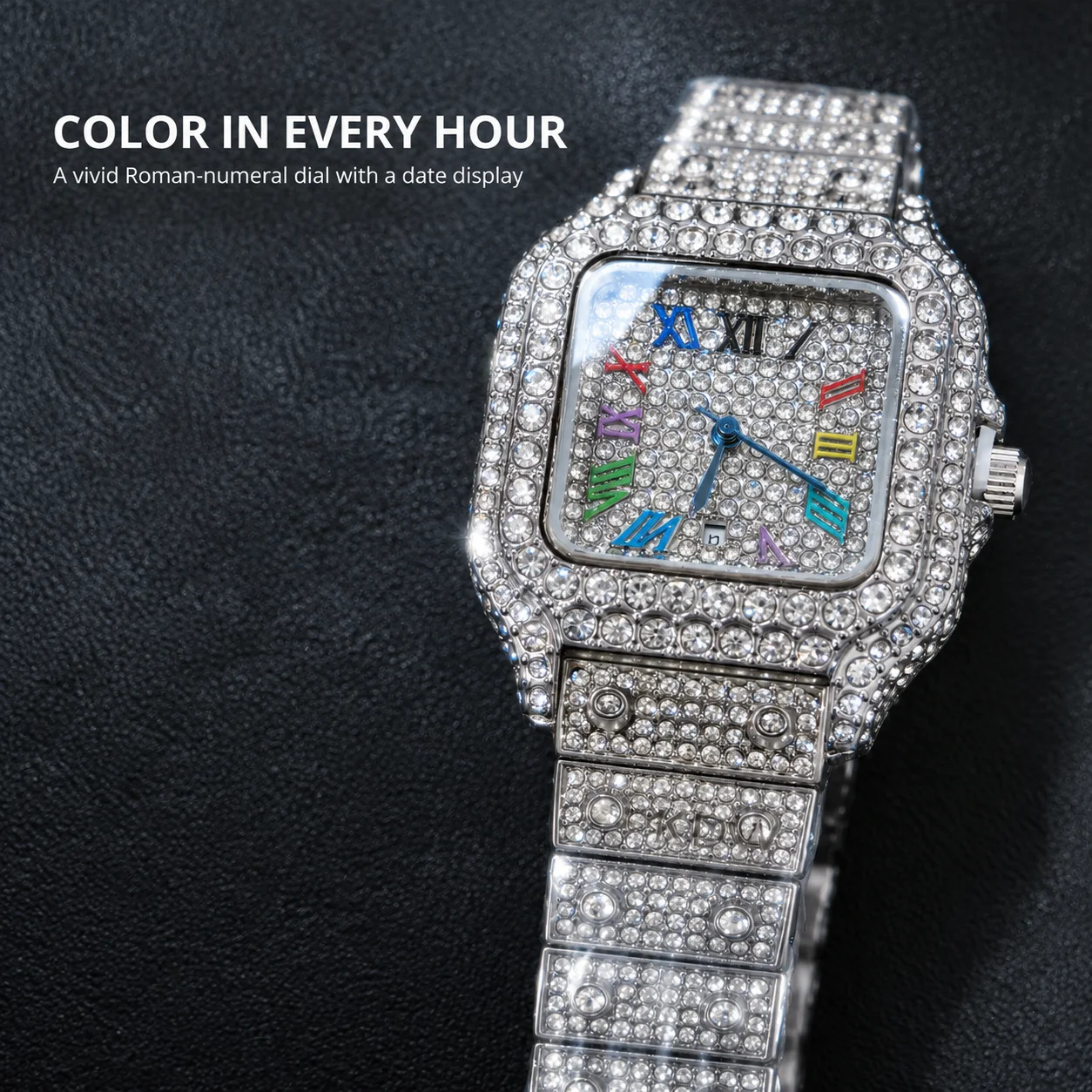 Men's square plate reading watch, block face splicing shape strap, light luxury collection style