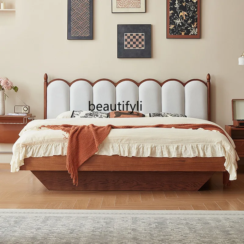 

Solid wood soft bag bed, retro style, log bed master bedroom suspended storage double bed