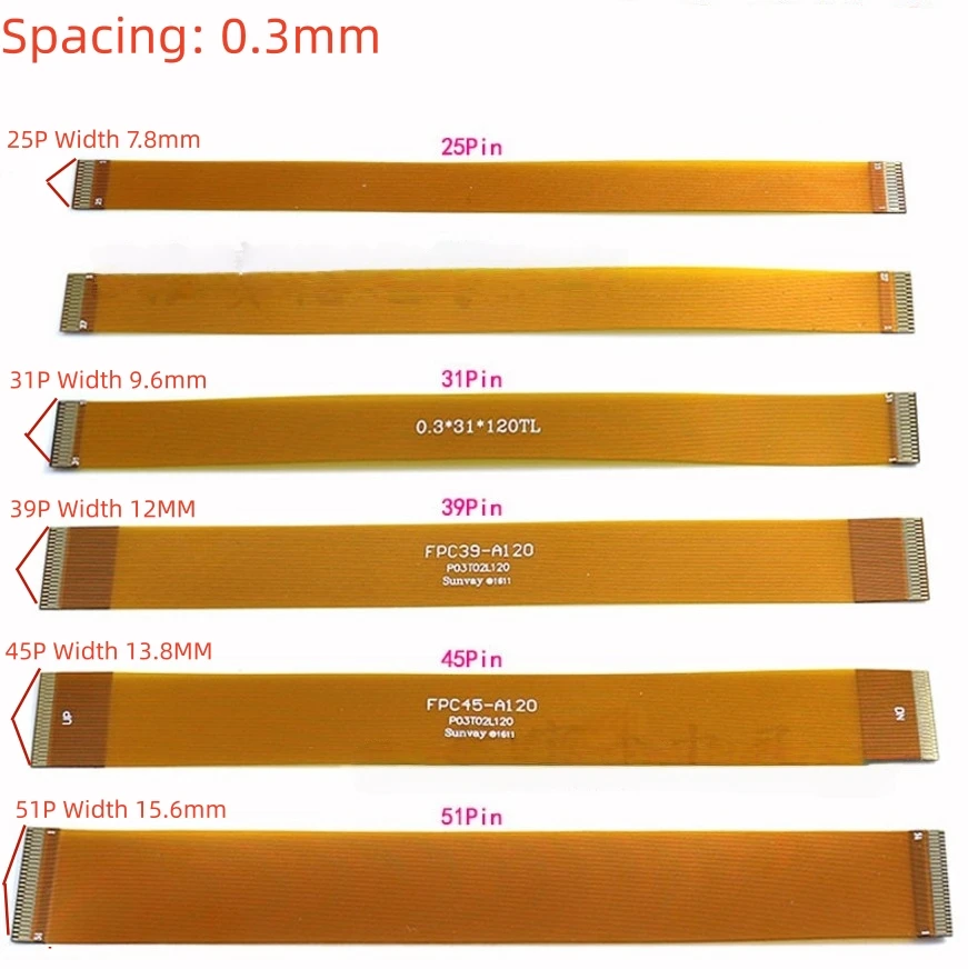 Ultra-Fine Pitch 0.3mm FFC/FPC Flexible Flat Cable 7-71Pin High Precision Flat Wire