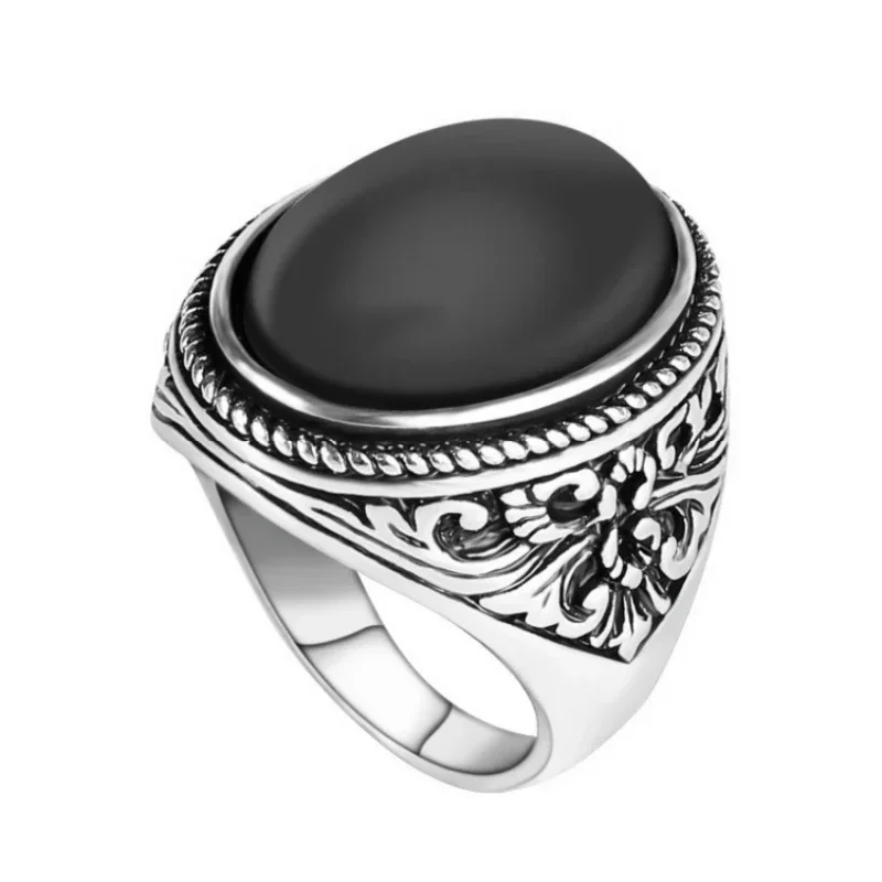 European and American Classical Vintage Black Agate Oval Ring Men\'s Art Carved Simple Men\'s Handicrafts