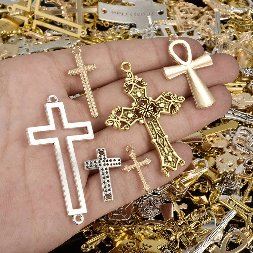 10-30pcs Religious Random Mix 3 Colors Cross Charm Metal Christian Jewelry Pendant Handmade Diy Earrings Keychain Accessories