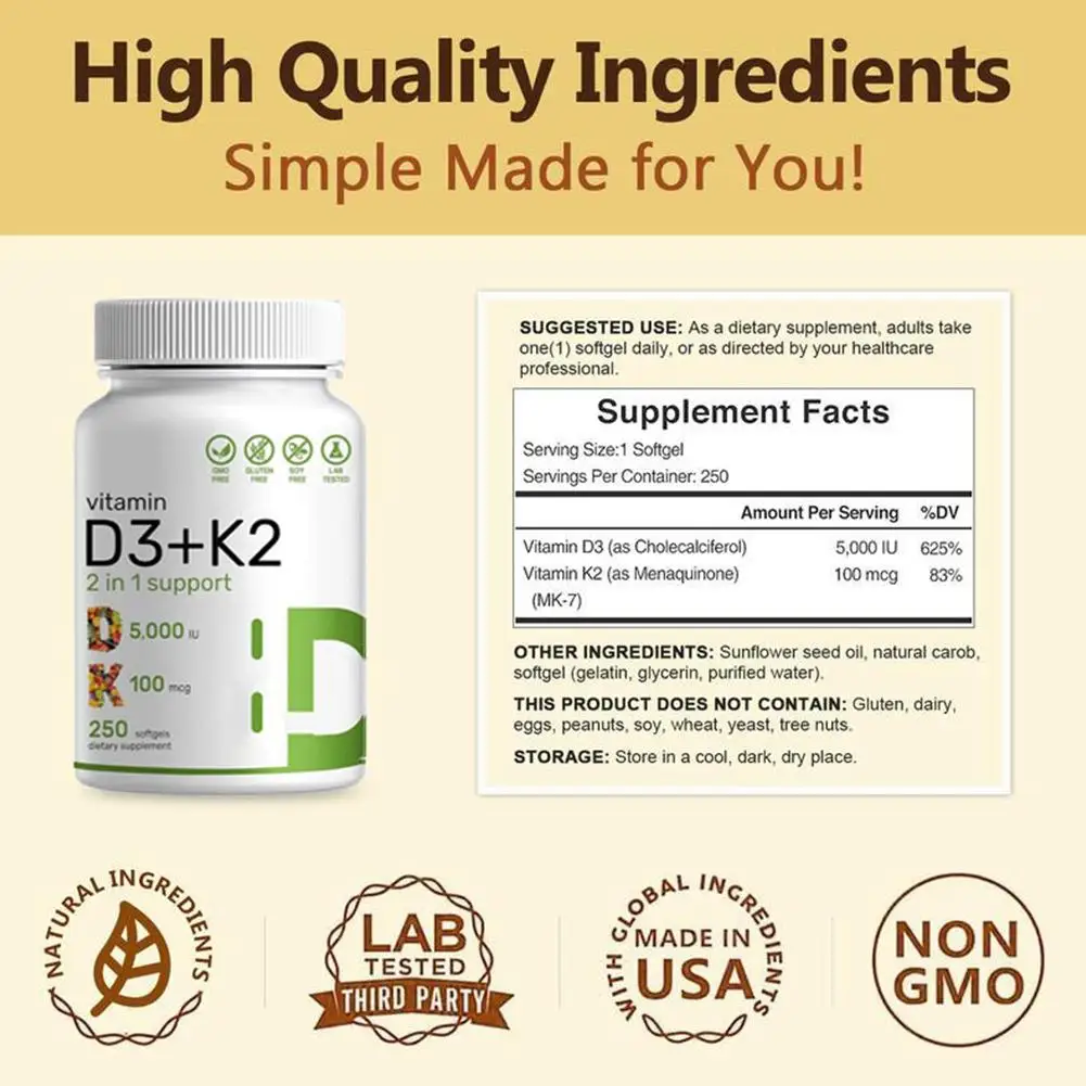 Vitamin D3 + K2 2 In 1 Support Assist Calcium Absorption Promote Healthy Bones Enhance Immunity 120 Pcs Soft Capsules
