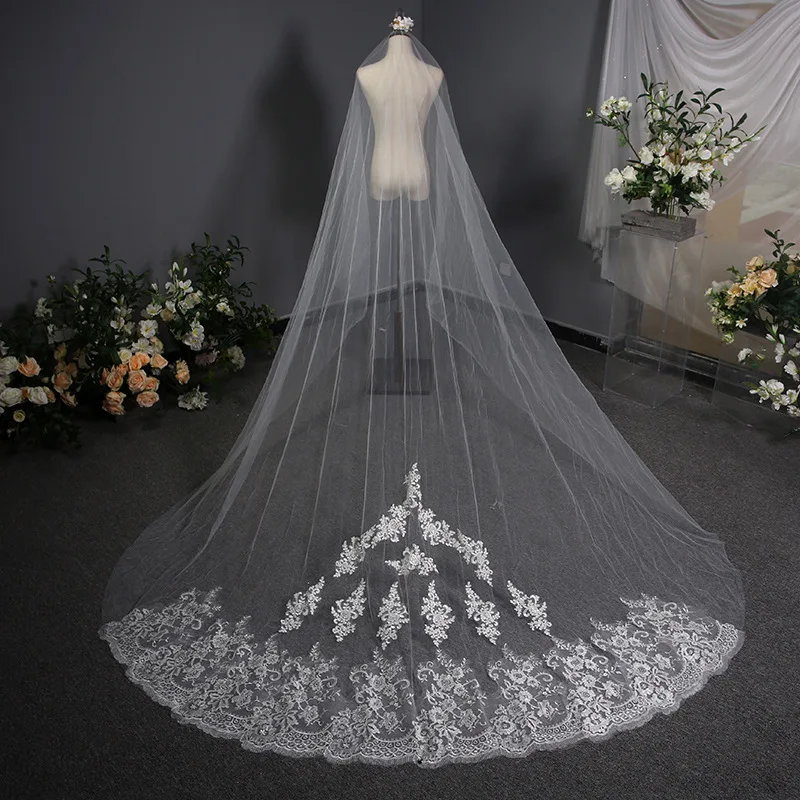 Long Tail Embroidered Edge Wedding Veil Bridal Fairy Pure White Lace Large Tailing Veil