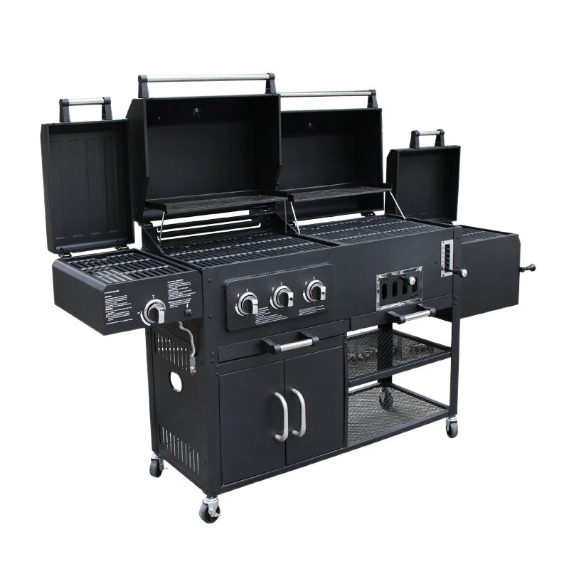 

Outdoor barbecue table, gas and carbon dual-purpose burning rack, mobile carbon smoking oven