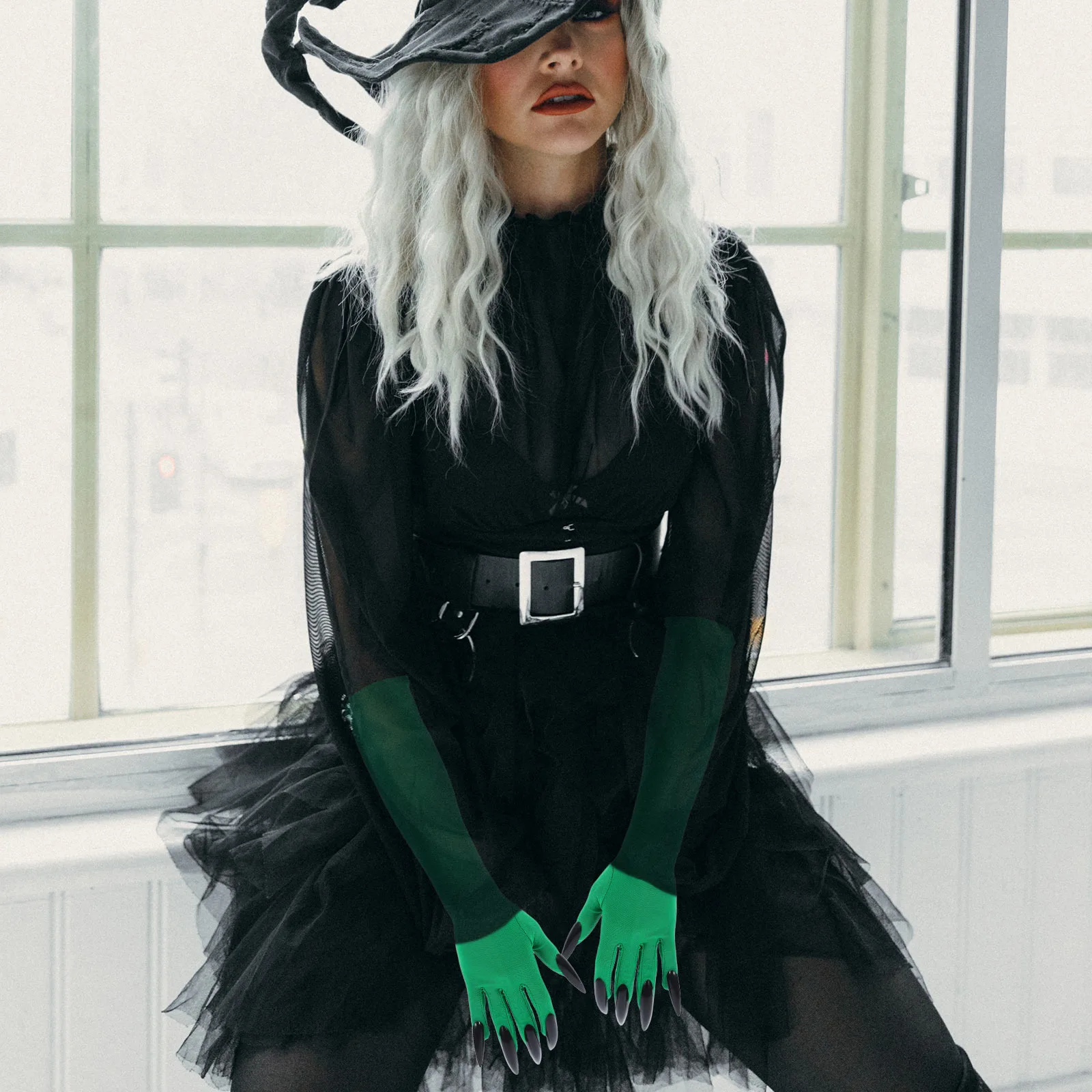 1 par de guantes de garra de Halloween, uñas largas para dedos, mangas de brazo verdes, disfraz de miedo, guantes de pata, accesorios de Cosplay para mujer