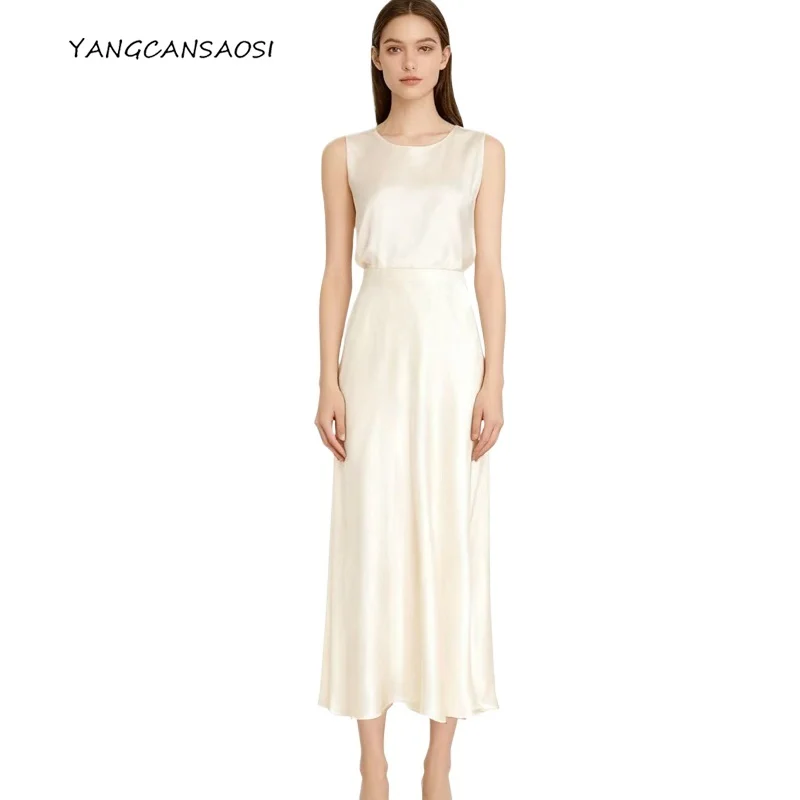 

2025 Women's 93% Natural Mulberry Silk GuanLe Satin Elastic Waist Versatile Temperament Oblique Cutting Beige Hip Hugging Skirt