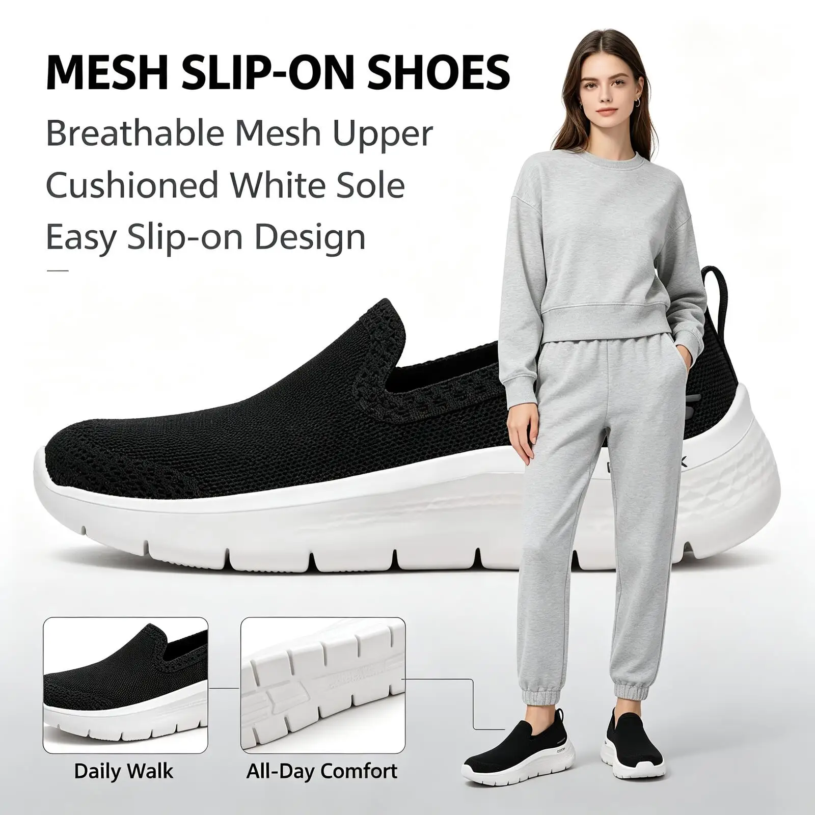 Skechers Casual Breathable Official Genuine Women's Flats Shallow Mouth Flat Shoes 124957-Bkw