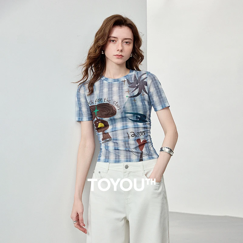TOYOUTH Women T-Shirts 2026 Spring New Mesh Silky Printed Short Sleeve Hot Girl Style Tops