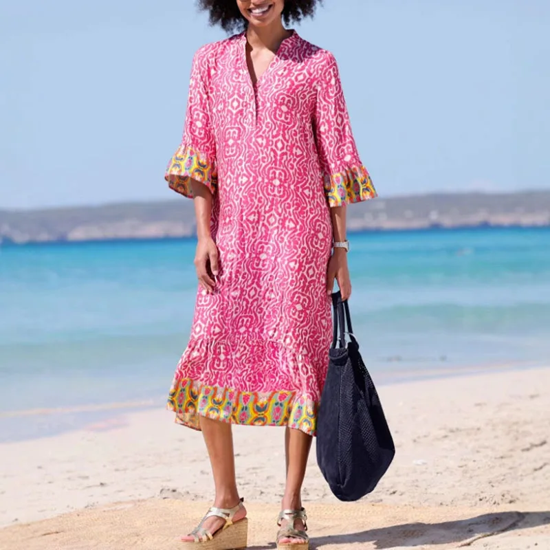 Neue Mode Damen V-Ausschnitt A-Linie Boho Kleider Sommer Vintage Muster Drucken Lose Kleid Casual Halbarm Patchwork Strandkleid