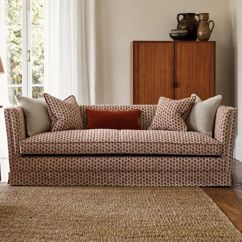 Solid Wood Fabric Sofa 3 Seater Straight Cotton Linen Flower Pattern Living Room Furniture for Villa Home Decor