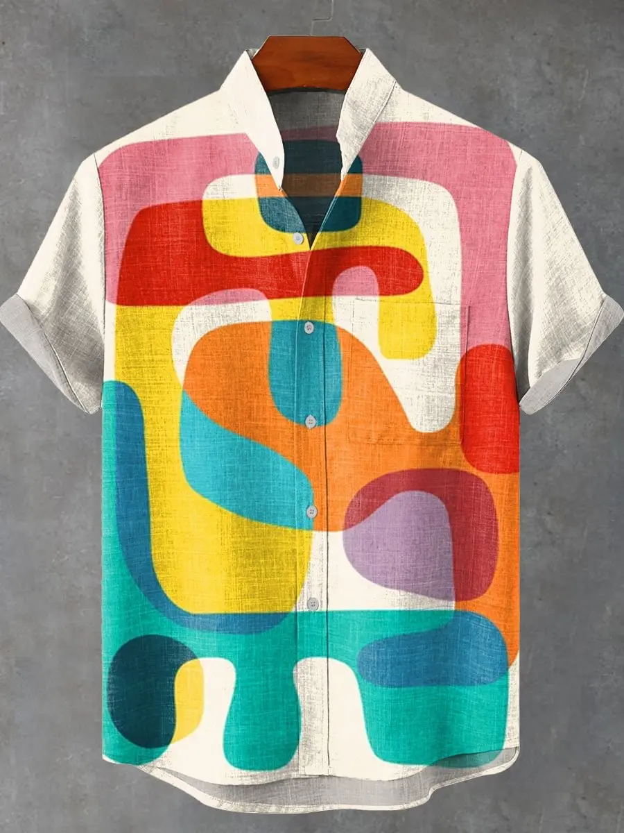 Chemise à manches courtes en lin pour hommes, décontractée, mode graffiti, style hip-hop, haut à boutons de haute qualité, été