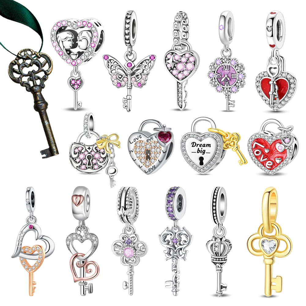 Romantic 925 Sterling Silver Love Key Lock Pendant Bead Safety Chain Fit DIY Bracelet Necklace Wedding Party Jewelry Gifts